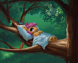 Size: 1200x968 | Tagged: dead source, safe, artist:maggwai, scootaloo, bird, pony, g4, blanket, cute, cutealoo, female, filly, foal, lamp, nature, one eye closed, pillow, smiling, solo, tree