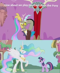 Size: 846x1024 | Tagged: safe, edit, edited screencap, screencap, discord, princess celestia, twilight sparkle, alicorn, draconequus, pony, unicorn, friendship is magic, g4, princess twilight sparkle (episode), animation error, comic, female, funny, layering error, male, mare, pin the tail on the pony, tail