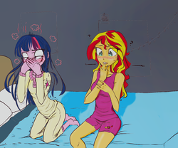 Size: 1200x1000 | Tagged: safe, artist:eduardo-rivera, artist:zorbitas, sci-twi, sunset shimmer, twilight sparkle, fanfic:fractured sunlight, equestria girls, g4, barefoot, bed, blushing, clothes, duckery in the comments, duo, fanfic art, feet, female, indoors, kneeling, lesbian, multicolored hair, on bed, pajamas, purple eyes, question mark, sexy, shiny skin, ship:sci-twishimmer, ship:sunsetsparkle, shipping, shorts, side slit, sitting, sleep shorts, tank top, turquoise eyes
