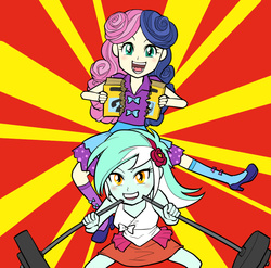 Size: 839x828 | Tagged: safe, artist:amida murasaki, bon bon, lyra heartstrings, sweetie drops, all's fair in love & friendship games, equestria girls, g4, life is a runway, my little pony equestria girls: friendship games, my little pony equestria girls: rainbow rocks, barbell, phone book, pixiv, weight lifting, weights, yellow pages