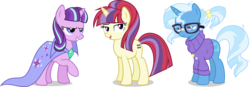 Size: 5722x2000 | Tagged: safe, artist:xebck, moondancer, starlight glimmer, trixie, pony, unicorn, g4, alternate universe, clothes swap, equal cutie mark, female, high res, mare, simple background, transparent background, vector
