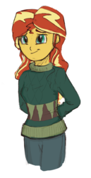 Size: 1314x2550 | Tagged: safe, artist:cuttledreams, sunset shimmer, equestria girls, g4, airbrush, clothes, female, hands behind back, pants, solo, sweater, winter outfit