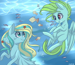 Size: 1024x890 | Tagged: safe, artist:silbersternenlicht, oc, oc only, oc:leni flaure, oc:ocean miracle, fish, mermaid, merpony, pegasus, pony, underwater