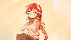 Size: 1920x1080 | Tagged: safe, artist:baekgup, edit, sunset shimmer, human, equestria girls, g4, blushing, clothes, cute, daaaaaaaaaaaw, female, hnnng, looking at you, scarf, shimmerbetes, sitting, skirt, socks, solo, stockings, sweater, thigh highs, wallpaper, wallpaper edit, weapons-grade cute