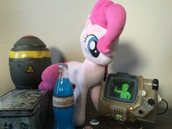 Size: 3264x2448 | Tagged: safe, artist:template93, pinkie pie, g4, caps, fallout, high res, irl, lunchbox, mini nuke, nuka cola, nuka cola quantum, photo, pipboy, plushie, this will end in explosions