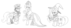 Size: 3641x1475 | Tagged: safe, artist:bylisboa, princess cadance, shining armor, trixie, pony, unicorn, equestria divided, g4, armor, clothes, dress, female, house moon and star, mare, monochrome, ruff (clothing)