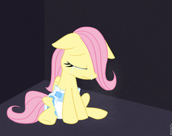 Size: 933x737 | Tagged: safe, artist:redfoxjake, fluttershy, g4, crying, diaper, eyes closed, filly, poofy diaper, younger