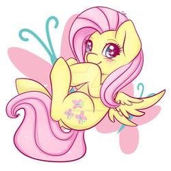 Size: 1024x1024 | Tagged: safe, artist:sellyluvsart, fluttershy, butterfly, g4, blushing, chibi, cute, female, shyabetes, solo, sparkles, watermark