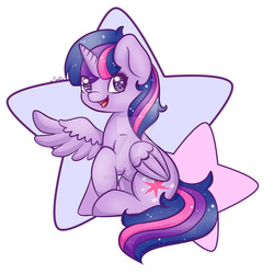 Size: 1024x1024 | Tagged: safe, artist:sellyluvsart, twilight sparkle, alicorn, pony, g4, chibi, cute, female, looking at you, mare, open mouth, simple background, sitting, smiling, solo, spread wings, stars, twiabetes, twilight sparkle (alicorn), watermark, white background