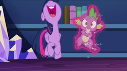 Size: 1280x720 | Tagged: safe, screencap, spike, twilight sparkle, alicorn, pony, g4, what about discord?, female, hopping, magic, mare, twilight sparkle (alicorn)