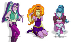 Size: 1954x1149 | Tagged: safe, artist:erisabetta, adagio dazzle, aria blaze, sonata dusk, equestria girls, g4, amulet, clothes, fingerless gloves, gloves, group, looking at you, necklace, simple background, sitting, spikes, the dazzlings, trio, white background, wristband