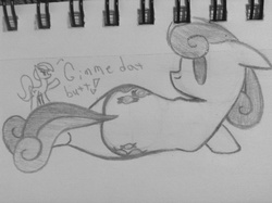 Size: 540x403 | Tagged: safe, artist:poorlydrawnpony, bon bon, lyra heartstrings, sweetie drops, earth pony, pony, g4, bon butt, female, giantess, lesbian, macro, mare, monochrome, my biggest pony, ship:lyrabon, shipping, size difference, sketch, traditional art