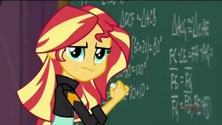 Size: 1280x720 | Tagged: safe, sunset shimmer, equestria girls, g4, my little pony equestria girls: friendship games, chalkboard, discovery family logo, female, frown, geometry, glare, looking at you, math, solo, unamused