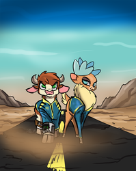 Size: 718x900 | Tagged: safe, artist:alorix, arizona (tfh), velvet (tfh), cow, deer, them's fightin' herds, clothes, cloven hooves, community related, fallout, female, jumpsuit, lesbian, pipboy, shipping, vault suit, velvezona, velvezona daily
