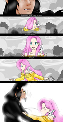 Size: 740x1430 | Tagged: safe, artist:gamblingfoxinahat, angel bunny, discord, fluttershy, human, g4, comic, female, humanized, male, ship:discoshy, shipping, straight