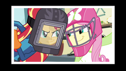 Size: 1280x720 | Tagged: safe, screencap, fluttershy, sunset shimmer, equestria girls, g4, my little pony equestria girls: friendship games, dreamworks face, end credits, female, helmet, right there in front of me, sunset welder