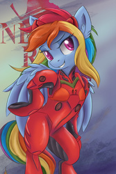 Size: 3750x5625 | Tagged: safe, artist:ardail, rainbow dash, pegasus, pony, semi-anthro, g4, abstract background, absurd resolution, bipedal, clothes, cosplay, costume, crossover, ear fluff, female, mare, neon genesis evangelion, plugsuit, solo, souryuu asuka langley, underhoof