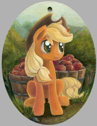 Size: 600x780 | Tagged: safe, artist:maytee, applejack, earth pony, pony, g4, apple, basket, female, food, mare, sitting, smiling, solo