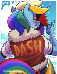 Size: 800x1035 | Tagged: safe, artist:crikeydave, rainbow dash, anthro, g4, female, from behind, grin, leather vest, looking back, solo, thumbs up
