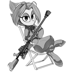 Size: 1000x1000 | Tagged: safe, artist:whydomenhavenipples, oc, oc only, oc:sniperchan, earth pony, pony, anti-materiel rifle, armor, black and white, cigarette, female, grayscale, gun, hooves, looking at you, mare, monochrome, optical sight, pgm hecate ii, ponified, rifle, simple background, sitting, smoking, sniper rifle, solo, weapon, white background