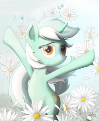 Size: 1500x1839 | Tagged: safe, artist:sslug, lyra heartstrings, pony, g4, bipedal, daisy (flower), female, flower, looking at you, solo