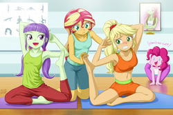 Size: 1350x900 | Tagged: safe, artist:uotapo, applejack, pinkie pie, starlight, sunset shimmer, tree hugger, human, equestria girls, g4, armpits, barefoot, belly button, blushing, clothes, colored pupils, contortionist, cute, dialogue, feet, female, flexible, group, hilarious in hindsight, knot position, midriff, open mouth, pinkie being pinkie, quartet, shorts, sports bra, struggling, sunset helper, tank top, yoga, yoga mat, yoga pants