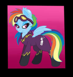 Size: 972x1024 | Tagged: safe, artist:dfectivedvice, artist:krazykari, edit, rainbow dash, g4, bedroom eyes, blushing, clothes, colored, female, goggles, shadowbolt dash, shadowbolts costume, simple background, smiling, solo