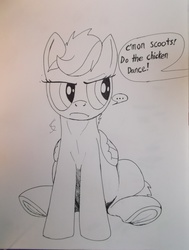 Size: 3216x4250 | Tagged: safe, artist:scribblepwn3, scootaloo, pegasus, pony, g4, ..., 30 minute art challenge, annoyed, female, filly, monochrome, pen drawing, sitting, solo, speech bubble, traditional art