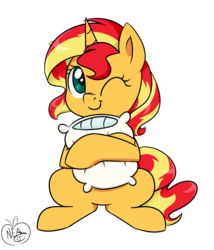 Size: 1200x1400 | Tagged: safe, artist:notenoughapples, sunset shimmer, pony, unicorn, g4, cute, female, pillow, shimmerbetes, simple background, smiling, solo, transparent background, wink