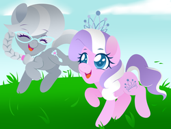 Size: 1024x768 | Tagged: safe, artist:linamomoko, diamond tiara, silver spoon, pony, g4, duo, glasses, grass, necklace, open mouth