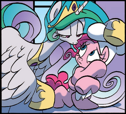 Size: 720x650 | Tagged: safe, artist:jay fosgitt, idw, pinkie pie, princess celestia, alicorn, earth pony, pony, g4, spoiler:comic, comic, duo, looking at each other, mane, scared