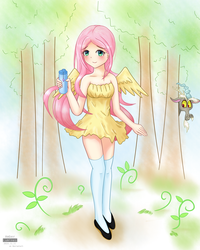 Size: 1600x2000 | Tagged: safe, artist:vanillafox2035, discord, fluttershy, human, g4, blushing, bottle, clothes, cute, dress, forest, humanized, looking at you, winged humanization