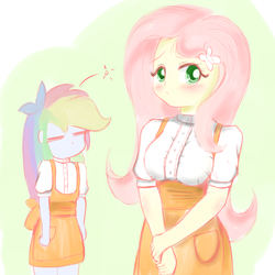 Size: 1200x1200 | Tagged: safe, artist:fromamida, fluttershy, rainbow dash, human, equestria girls, g4, blushing, breast envy, breasts, busty fluttershy, clothes, delicious flat chest, long hair, looking at you, rainbow flat, waitress