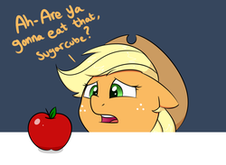 Size: 1500x1100 | Tagged: safe, artist:notenoughapples, applejack, earth pony, pony, g4, adventure in the comments, apple, cute, dialogue, female, floppy ears, food, jackabetes, solo, that pony sure does love apples