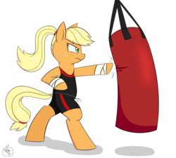Size: 2000x1800 | Tagged: safe, artist:notenoughapples, applejack, earth pony, pony, g4, alternate hairstyle, bipedal, clothes, female, newbie artist training grounds, ponytail, punch, punching bag, simple background, solo, transparent background