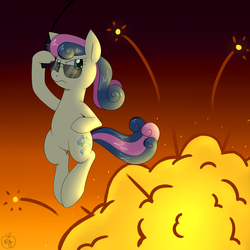 Size: 1800x1800 | Tagged: safe, artist:notenoughapples, bon bon, sweetie drops, earth pony, pony, g4, cool guys don't look at explosions, explosion, female, frown, rope, secret agent sweetie drops, solo, sunglasses, swinging