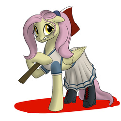 Size: 900x900 | Tagged: safe, artist:hudoyjnik, fluttershy, bat pony, pony, vampire, g4, axe, boots, clothes, crossover, female, flutterbat, malkavian, simple background, solo, vampire the masquerade, world of darkness