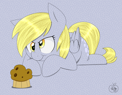 Size: 1800x1400 | Tagged: safe, artist:notenoughapples, derpy hooves, pegasus, pony, g4, camouflage, crouching, female, food, mare, muffin, newbie artist training grounds, solo