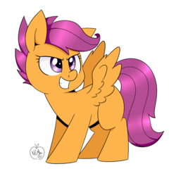 Size: 1300x1300 | Tagged: safe, artist:notenoughapples, scootaloo, pegasus, pony, g4, blank flank, female, filly, foal, grin, gritted teeth, signature, simple background, solo, spread wings, teeth, transparent background