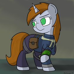 Size: 4000x4000 | Tagged: safe, artist:ashtoneer, oc, oc only, oc:littlepip, pony, unicorn, fallout equestria, absurd resolution, clothes, fanfic, fanfic art, female, jumpsuit, mare, pipbuck, saddle bag, solo, vault suit