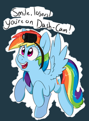 Size: 932x1261 | Tagged: safe, artist:notenoughapples, rainbow dash, pegasus, pony, g4, camera, cute, female, gopro, mare, open mouth, pun, smiling, solo, spread wings