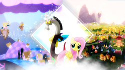 Size: 1920x1080 | Tagged: safe, artist:antylavx, artist:dashiesparkle edit, edit, discord, fluttershy, draconequus, pegasus, pony, g4, canterlot castle, chaos, discorded landscape, female, male, mare, ponyville, vector, wallpaper, wallpaper edit