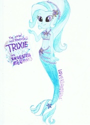 Size: 759x1052 | Tagged: safe, artist:loverdandluna2, trixie, equestria girls, g4, bandeau, belly button, female, mermaidized, midriff, solo, traditional art