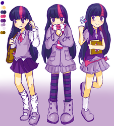Size: 1739x1927 | Tagged: dead source, safe, artist:applestems, twilight sparkle, human, parasprite, g4, bag, blushing, book, boots, clothes, coat, female, grin, humanized, jacket, looking at you, mary janes, purse, raised leg, reference sheet, scarf, shirt, shoes, skirt, smiling, socks, solo, sweater vest, thigh highs, zettai ryouiki