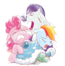 Size: 1378x1384 | Tagged: safe, artist:manmaru00, pinkie pie, rainbow dash, rarity, tank, earth pony, pegasus, pony, unicorn, g4, tanks for the memories, bathrobe, clothes, cry pile, crying, dashie slippers, eyes closed, female, floppy ears, mare, open mouth, scene interpretation, simple background, white background