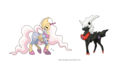 Size: 3900x2370 | Tagged: safe, artist:almairis, cresselia, darkrai, colored hooves, crossover, duo, female, long mane, male, mare, pokémon, ponified, ponymon, simple background, stallion, transparent background