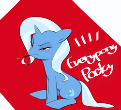 Size: 1245x1133 | Tagged: safe, artist:30clock, trixie, pony, unicorn, g4, blushing, female, food, mare, mouth hold, one eye closed, pocky, pocky day, sitting, solo