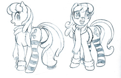 Size: 872x566 | Tagged: safe, artist:brianblackberry, cheerilee, g4, bottomless, butt, clothes, dock, female, flowerbutt, jacket, monochrome, partial nudity, plot, scarf, sketch, socks, solo, striped socks