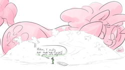 Size: 1895x1072 | Tagged: safe, artist:nobody, pinkie pie, oc, oc:anon, human, pony, g4, blushing, boat, cute, dock, flank, giant pony, giantess, giggling, grin, hide and seek, hiding, island, macro, prone, rowboat, scenery, size difference, sketch, smiling, tree, water