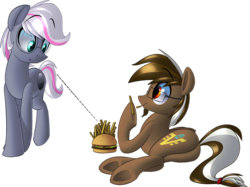 Size: 1773x1329 | Tagged: safe, artist:january3rd, oc, oc only, oc:jannie daze, oc:yoshi ringo, burger, butt, cute, eating, food, french fries, hamburger, plot, ponies eating meat, simple background, transparent background, underhoof